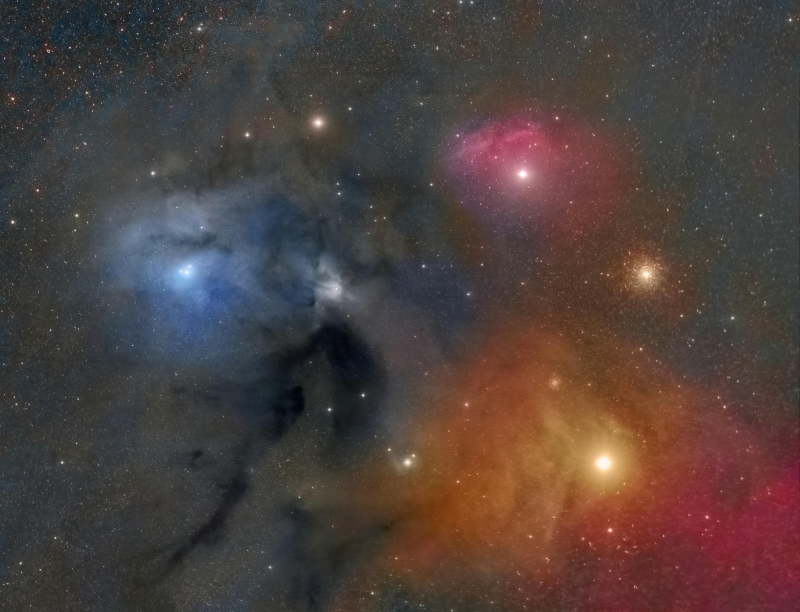 Antares and Rho Ophiuchi Regions
Taken over several years. Twice in Spain and twice in East Sussex.

Spain 2017 DSLR and cheap camera lens and Ioptron skytracker. 4 hours
Spain 2019 same set up but with a luminance filter and Mono CCD camera 2 hours
I wasn't happy with either as the cheap camera lens produced horrible stars.

Having bought a Samyang 135mm lens at the end of 2019, I decided to try to get better luminance from the campsite I visit from time to time in East Sussex, but it is VERY low from the UK. This time I could take my full rig with me and do longer guided subs. HEQ5, Atik460EX and Samyang 135mm lens.

2022 I captured some luminance with better stars of the Antares region, but half of Rho Ophiucci was chopped off. 1 hour 20mins
https://www.astrobin.com/sz1393/B/
last week April 2023 I captured the area around Rho Ophiucci and made a mosaic thus completing the image at last. 1 1/2 hours. Of course we can always use more data but given my VERY limited opportunities I think this will be the final version.

Total of 8h 50mins

Link-words: CarolePope