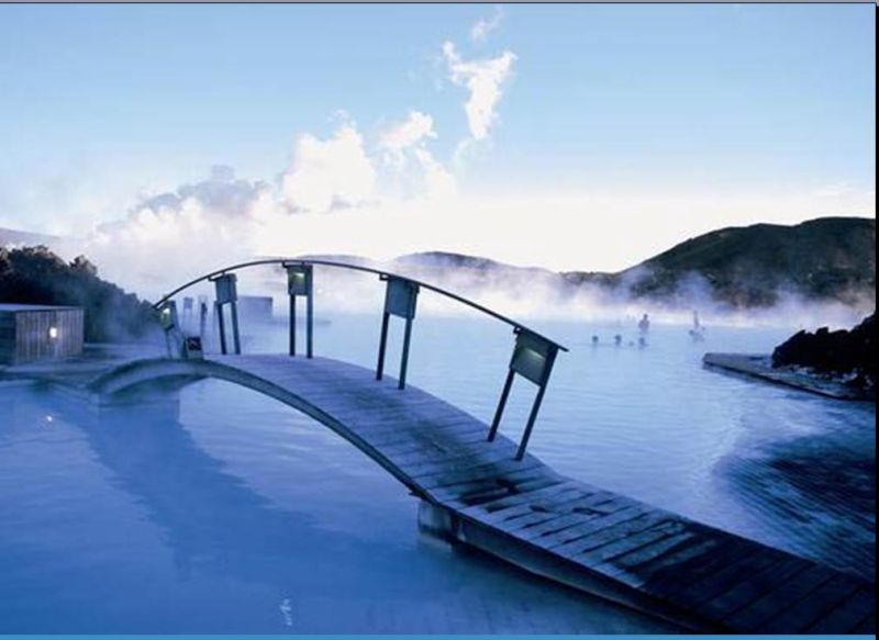 Blue Lagoon
We made a visit to the Blue Lagoon. where you can swim in thermally heated water, se the steam rising.  This is one of the bridges connecting the various parts of the lagoon. 
Link-words: CarolePope Iceland2012