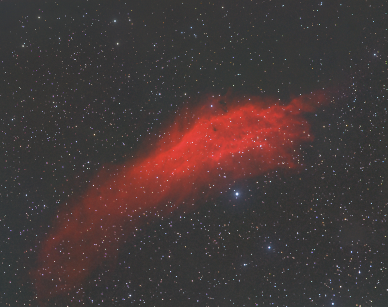 California nebula NGC1499
Finally got to my campsite in Bortle 4, first time this year after Lockdown.

Atik460EX and Samyang lens 135mm @ F2.8
Ha 13 x 600
Red 5 x 300
Green 12 x 300
Blue 12 x 300
Ha blended into the Red channel so there was not much Red data taken, mainly for the stars.
HEQ5

Total 4 1/2 hours
Link-words: CarolePope