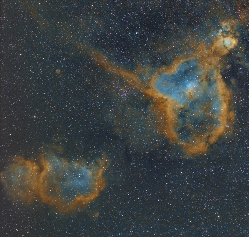 Heart Nebula IC1805 and Soul Nebula IC1848 
Taken over 2 short nights whilst waiting for another target to rise above the houses.
Was hoping to get more data, but it will have to do for now due to technical issues.

Ha 11 x 600
Oiii 2 x 600 + 3 x 300 binned
Sii 2 x 600 + 4 x 300 binned

Samyang 135mm lens @f2.8
Atik460EX guided on HEQ5
Link-words: CarolePope