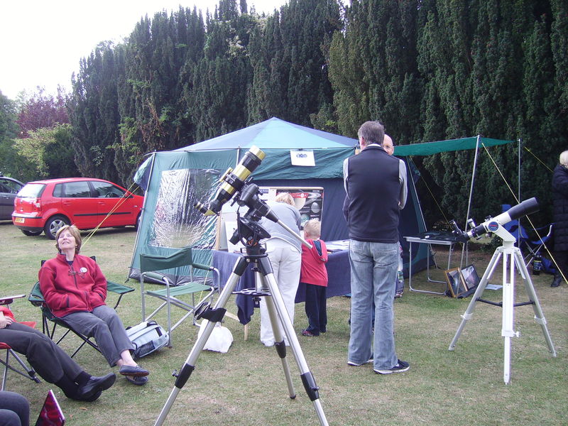 High Elms Open day 13.9.09 (2)
High Elms Open Day 13th September 2009, on show here is the Society coronado telescope.  Hugh with his back to us and Delphine sunning herself. 
Link-words: Outreach Observing HighElms2009