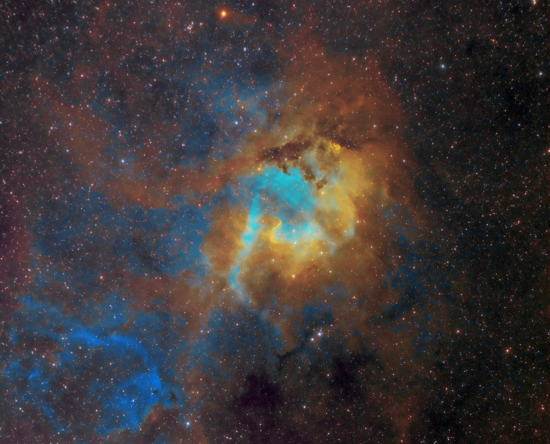 Lion Nebula Sh2-132 in Cepheus
Dual rig from Bromley Bortle 8

ED80 & Atik460EX
ED72 & Atik460EX
HEQ5
Ha 36 x 600
Oiii & Sii 14 x 300 binned each
SHO

Total imaging time 8h 20mins
Link-words: CarolePope