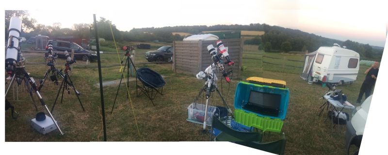Telescopes at Deep Sky Camp, July 2018
A Mosaic of lots of kit scattered around my Campervan at Cairds in 2018.  
Link-words: Campsites2018