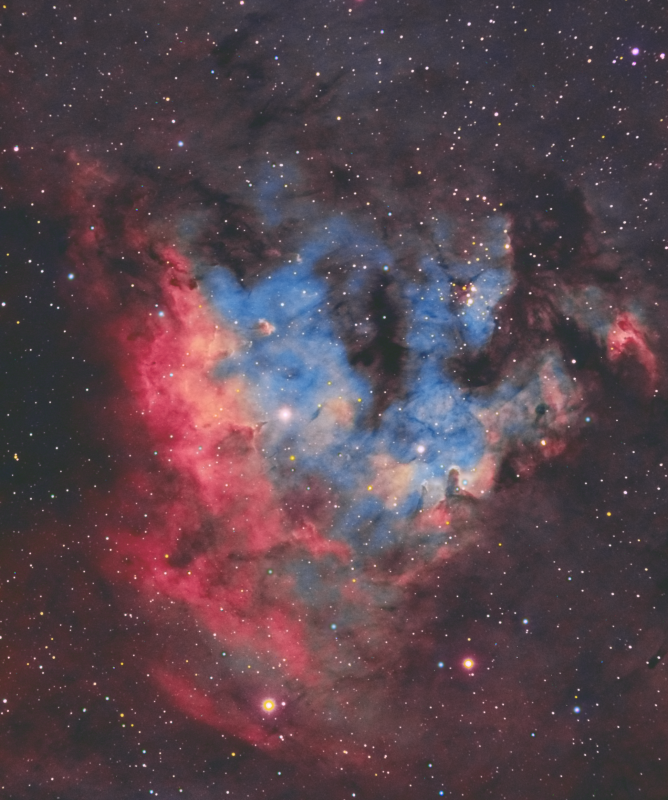 NGC7822 in Cepheus
Dual rig: ED80/Atik460EX                                                               WO Zs71/Atik428EX
Total Ha 19 x 600secs half and half 7nm and 3nm Baader filters, Oiii 6 x 300, Sii 5 x 300
Total 4 hours 5mins
Mapped SHO + some RGB stars
Link-words: CarolePope