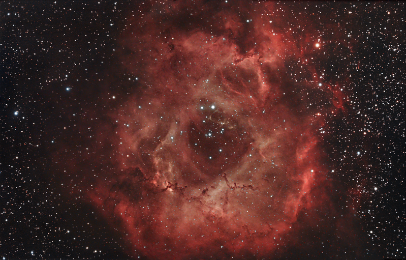 Rosette Nebula NGC 2237
Combined data from Jan 2012 & December 2012 
7 hours of 5min subs Modified Canon 450D
2 hours of 10min subs Atik383L Ha 
Colour image is a bit of a hybrid as the orientation was 
different so corners are filled in with DSLR image

Link-words: CarolePope