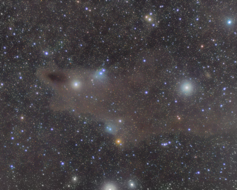 Dark Shark Nebula LDN1235
1hour 40mins taken in 2019 with a WOZS71 scope.
6hours 15mins taken in 2020 with a Samyang 135mm f2.8 lens
Both with an Atik460EX

Total imaging time 7hours 55mins

Combined in photoshop and re-sized and registered in Registar
Link-words: CarolePope