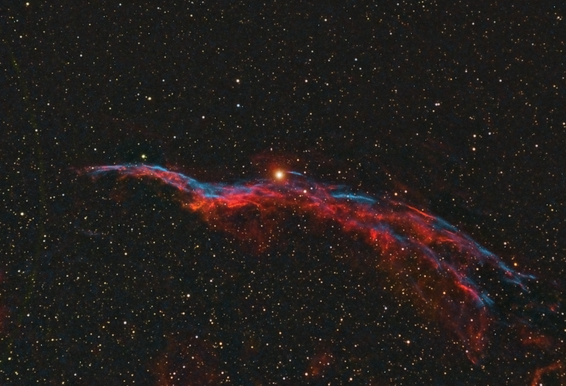 Western Veil Nebula (AKA the Witch's Broom) NGC6960
A test image for my re-assembled Dual rig.
Atik460EX & Skywatcher ED80 Ha, Oiii and Sii
Atil428EX & William Optics ZS71 Ha only
Total Ha 21 x 600 (3 1/2 hours)
Oiii & Sii 5 x 300 binned 

Link-words: CarolePope