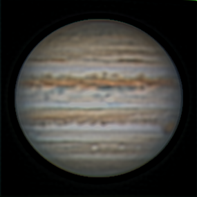 Jupiter with WinJUPOS processing
First attempt at this. Same processed images as before but utilising WinJUPOS to de-rotate the images and so combine them despite the images being taken over more than 1 hour. Resulting image finalised in Registax. 
Link-words: Duncan Jupiter