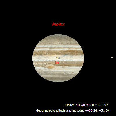 WinJUPOS Simulation of Jupiter, Io, Io's Shadow and Great Red Spot 
