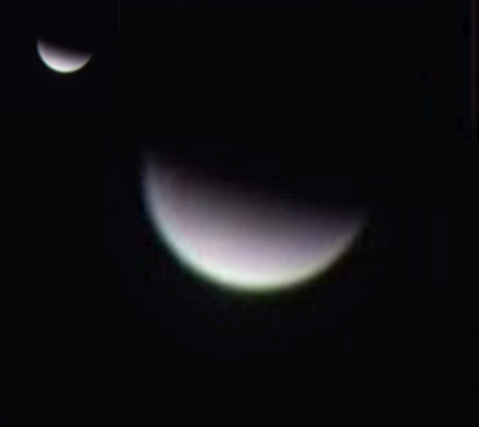 Venus showing crescent 31 March 2020 19:20CET, Manche, France
FireCapture v2.6  Settings
------------------------------------
Observer=Duncan Evenden
Location=Manche, France
Scope=LX90 8" UHTC, X2 ED Barlow, PierroAstro ADC
Camera=ZWO ASI294MC Pro
Filter=L
Profile=Venus
Diameter=25.46"
Magnitude=-4.40
FocalLength=1800mm (F/8)
Resolution=0.53"
Filename=2020-03-31-1920_4-DE-L-Ven.ser
Date=310320
Start=192020.986
Mid=192029.929
End=192038.872
Start(UT)=192020.986
Mid(UT)=192029.929
End(UT)=192038.872
Duration=17.886s
Date_format=ddMMyy
Time_format=HHmmss
LT=UT +1h
Frames captured=3000
File type=SER
Binning=no
Bit depth=8bit
Debayer=yes
DebayerAlgorithm=Bilinear
BayerPattern=RG
ROI=264x238
ROI(Offset)=1924x1329
FPS (avg.)=167
Shutter=2.723ms
Gain=50 (8%)
HighSpeed=on
Gamma=50 (off)
AutoGain=off
FPS=100 (off)
WBlue=90 (off)
Brightness=30 (off)
USBTraffic=79 (off)
TargetTemp=-5
SoftwareGain=10 (off)
AutoHisto=75
AutoExposure=off
WRed=60 (off)
Histogramm(min)=0
Histogramm(max)=0
Histogramm=0%
Noise(avg.deviation)=n/a
Limit=3000 Frames
Sensor temperature=-4.9°C
Target=Venus, Date: 310320, Time: 192029 UT, Mag: -4.40, Dia: 25.46, Res: 0.53, Az: 269.21, Alt: 31.76, Phase: 0.47, CM: , Camera: ZWO ASI294MC Pro, Scope: LX90 8" UHTC, X2 ED Barlow, PierroAstro ADC, FL: 1800mm, F-ratio: 8, Observer: Duncan Evenden, Location: Manche, France, Comment: , Seeing: 
Link-words: Duncan
