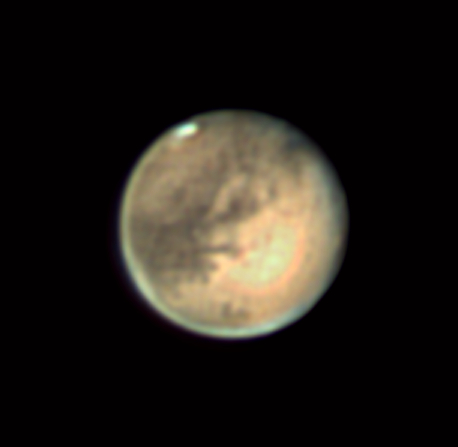 Mars just past opposition
FireCapture v2.7 01 BETA Settings
------------------------------------
Observer=Duncan Evenden
Location=Manche, France
Scope=LX90 8" UHTC 2xED Barlow ADC
Camera=ZWO ASI294MC Pro
Filter=OSC
Profile=Mars
Diameter=21.57"
Magnitude=-2.45
CM=81.0°  (during mid of capture)
FocalLength=3900mm (F/19)
Resolution=0.25"
Filename=2020-10-21-2235_7-DAE-OSC-Mars.ser
Date=211020
Start=223521.301
Mid=223542.005
End=223602.709
Start(UT)=223521.301
Mid(UT)=223542.005
End(UT)=223602.709
Duration=41.408s
Date_format=ddMMyy
Time_format=HHmmss
LT=UT +2h
Frames captured=5000
File type=SER
Binning=1x1
Bit depth=8bit
Debayer=yes
DebayerAlgorithm=HQLinear
BayerPattern=RG
ROI=200x200
ROI(Offset)=2008x1272
FPS (avg.)=120
Shutter=8.000ms
Gain=210 (36%)
AntiDew=on
AutoExposure=off
AutoGain=off
AutoHisto=75
Brightness=4
FPS=100 (off)
Fan=on
Gamma=50 (off)
HardwareBin=off
HighSpeed=off
SoftwareGain=10 (off)
TargetTemp=-5
USBTraffic=80
WBlue=99
WGreenOffset=0 (off)
WRed=45
Histogramm(min)=0
Histogramm(max)=0
Histogramm=0%
Noise(avg.deviation)=n/a
Limit=5000 Frames
Sensor temperature=-4.9°C
Link-words: Duncan