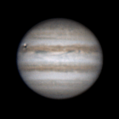 Jupiter and Callisto Shadow Transit 2016-03-17 22:27 UTC Manche, France
Re-process with new workflow, stacked frames, de-rotated then sharpened.
Link-words: Duncan Planets