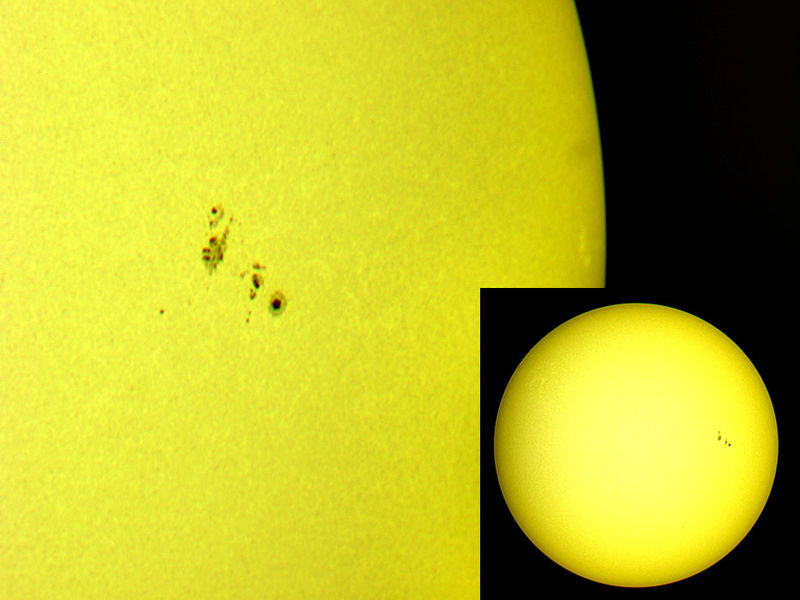 Sunspots 24Aug11
Two images of the Sun showing sunspot group and, insert, the whole solar disc.
Link-words: Sun