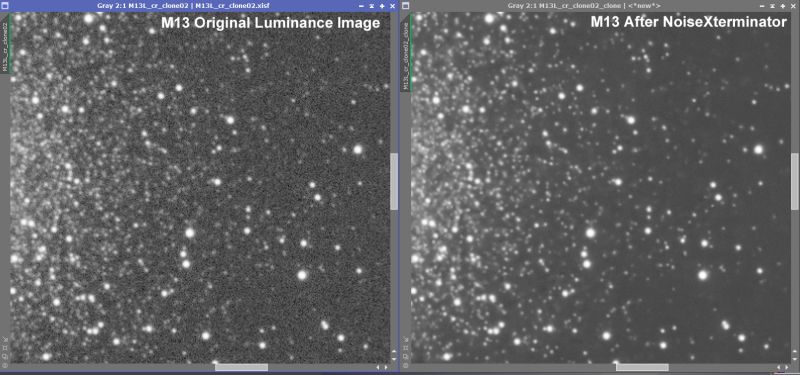 Noise Xterminator: Before and After on M13 Luminance Data
Comparison of effect of Noise Xterminator on Luminance data processed using PixInsight

