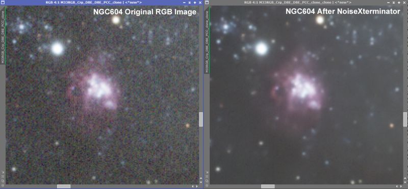 Noise Xterminator: Before and After on NGC604 in M33 RGB Data
Comparison of effect of Noise Xterminator on RGB data processed using PixInsight
