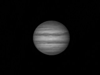 Jupiter
Another attempt at imaging this bright planet but this time with a superb 8" Meade LX90 telescope rather than my 6" Newtonian. 1 of 25 frames captured. See animation.
Link-words: Jupiter