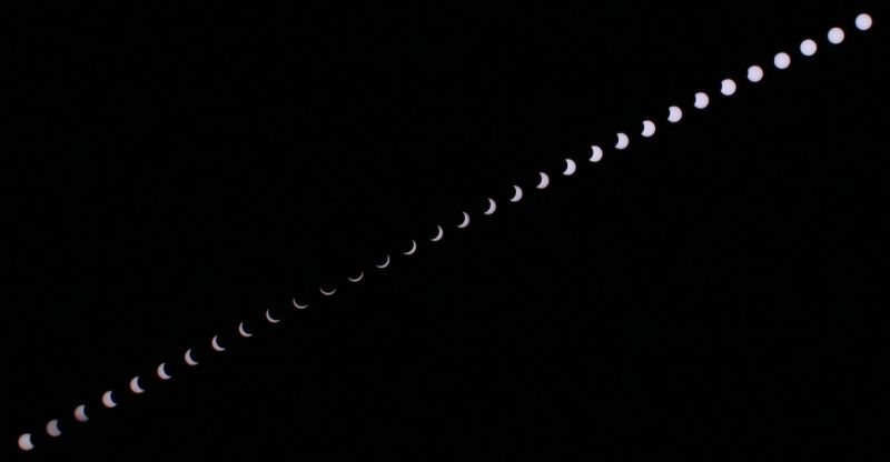 Solar eclipse from near Worcester 20th March 2015
Timelapse of the solar eclipse over approximately 2 hours. The first 20 minutes of the eclipse were unfortunately clouded out (so missing from the sequence) but shortly after the heavens cleared to reveal a beautiful blue sky. Canon 600D. Each eclipse snap is at 23mm, f/13mm, 1/1000th sec, ISO-800 through a home made Baader Astrosolar filter. 4 minute interval between each snap. Stacked in Startrails.
Link-words: Sun Moon