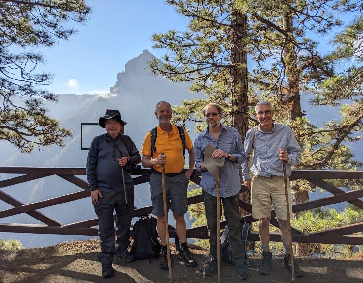 La Palma Hike
Hike in the Caldera Taburiente - undertaken by Michael Griffiths, Steve Fuller, Tom Meechan and Noel Clark.
The hike was 10 miles in very rugged terrain.
This is the BEFORE THE HIKE photo. 
Link-words: LaPalma2024