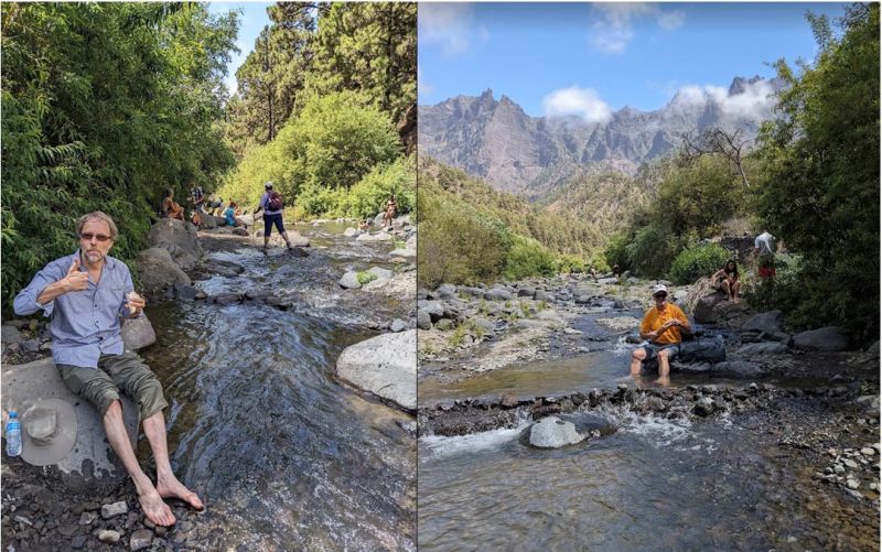 Hike in caldera di taburiente hike La Palma 
Lovely to be able to cool our feet in the river. 
Link-words: LaPalma2024